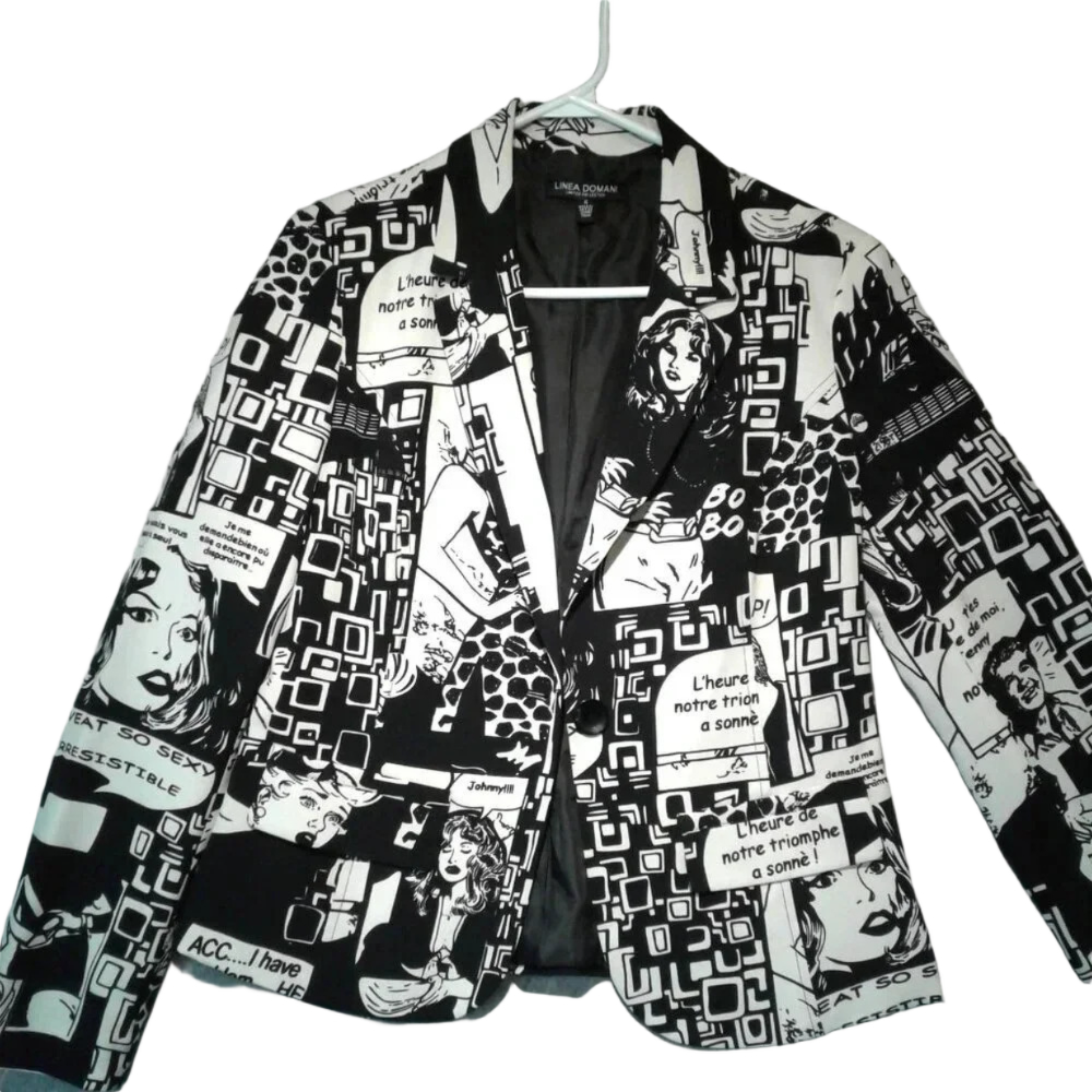 Women's Black & White Cartoon Print  Blazer by Linea Domani Size 4